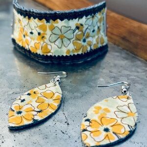 Upcycled Denim and Yellow Floral Adjustable Cuff Bracelet and Earrings